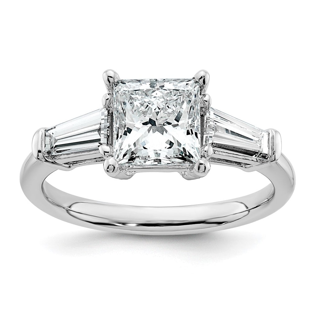 14k White Gold 2 1/5 carat Certified Lab Grown Diamond VS+ F+ Princess and Tapered Baguette Complete Three Stone Engagement Ring
