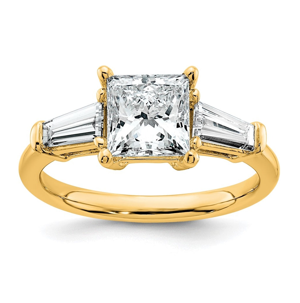 14k Yellow Gold 2 1/5 carat Certified Lab Grown Diamond VS+ F+ Princess and Tapered Baguette Complete Three Stone Engagement Ring