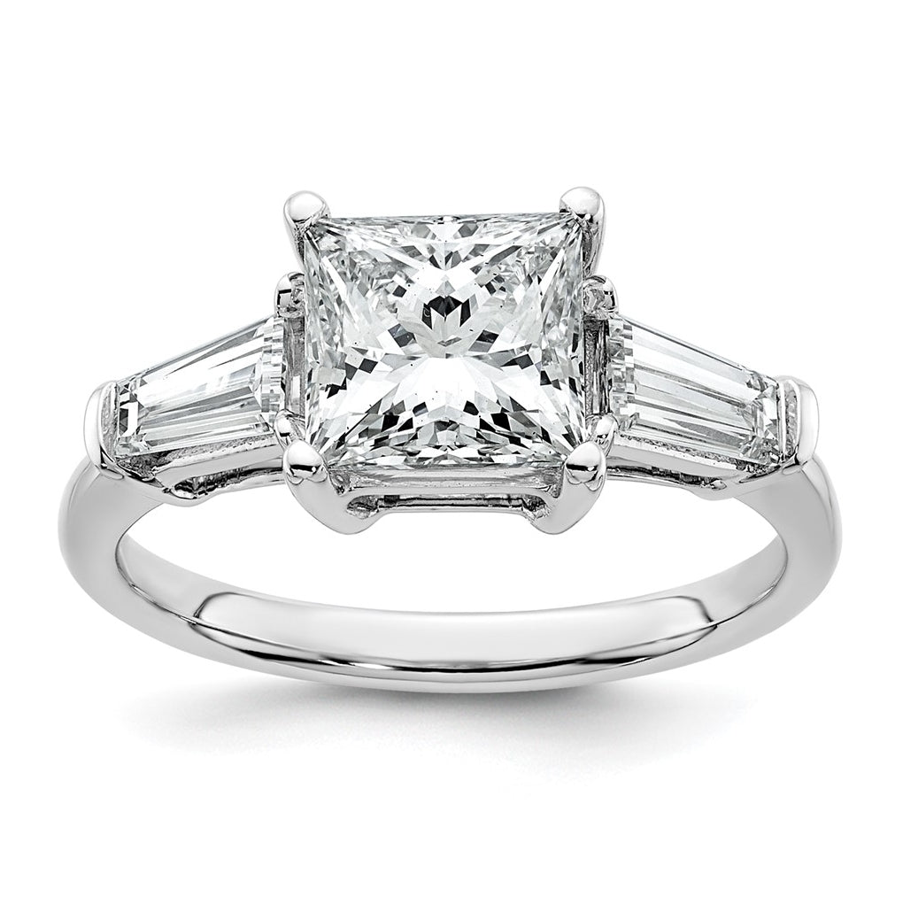 14k White Gold 2 5/8 carat Certified Lab Grown Diamond VS+ F+ Princess and Tapered Baguette Complete Three Stone Engagement Ring