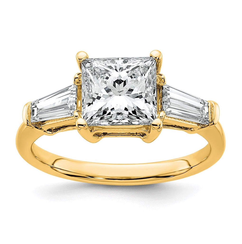 14k Yellow Gold 2 5/8 carat Certified Lab Grown Diamond VS+ F+ Princess and Tapered Baguette Complete Three Stone Engagement Ring