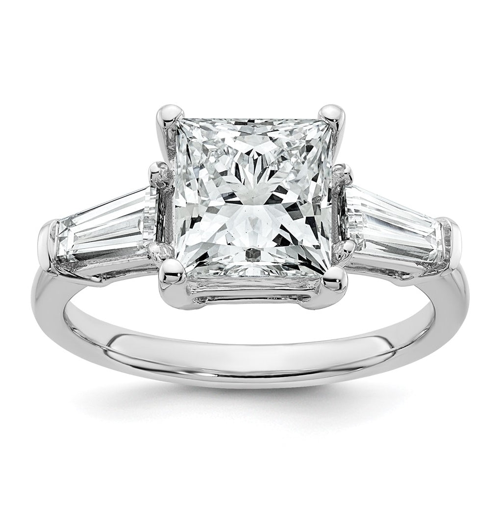 14k White Gold 3 1/5 carat Certified Lab Grown Diamond VS+ F+ Princess and Tapered Baguette Complete Three Stone Engagement Ring