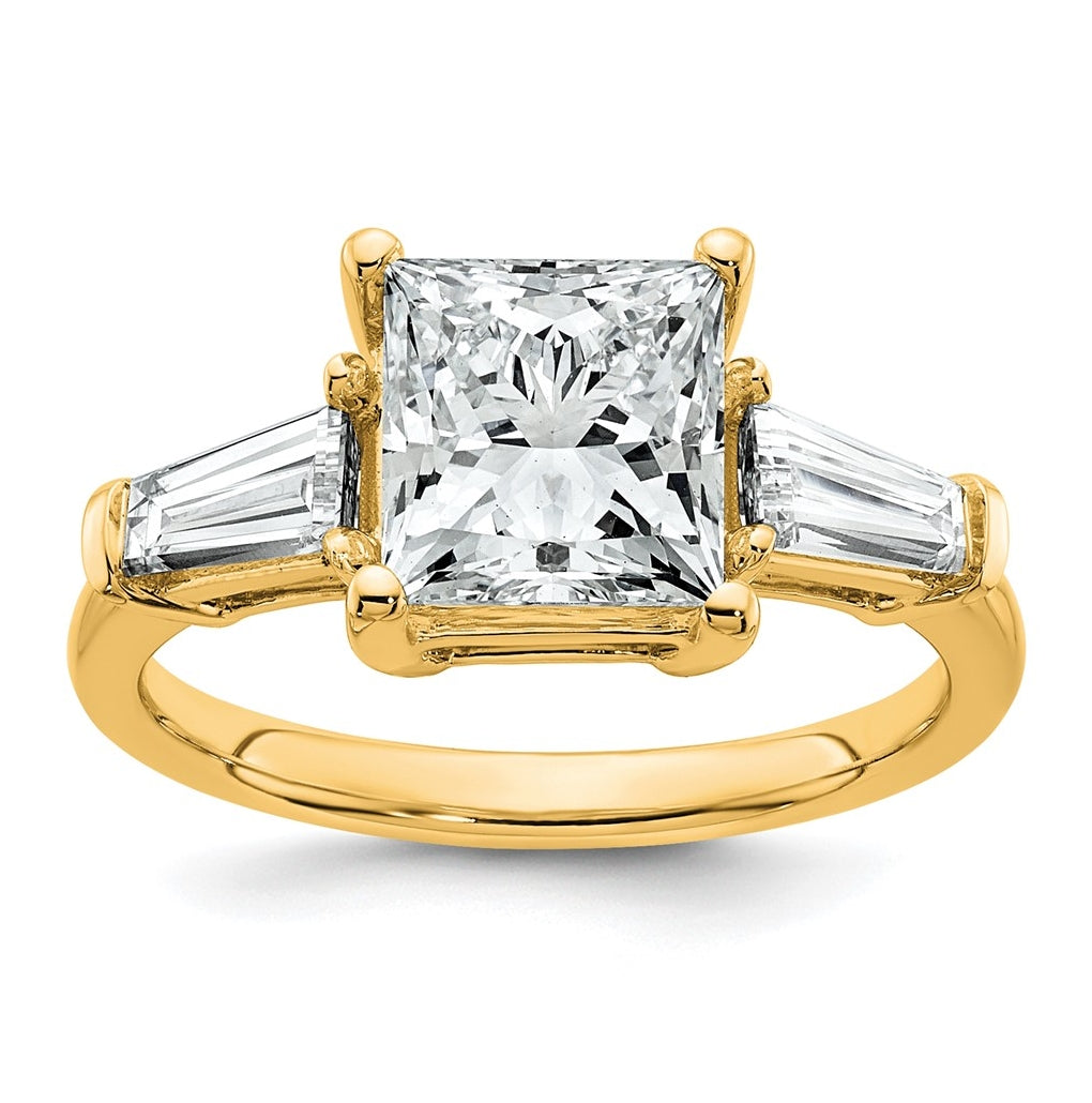 14k Yellow Gold 3 1/5 carat Certified Lab Grown Diamond VS+ F+ Princess and Tapered Baguette Complete Three Stone Engagement Ring
