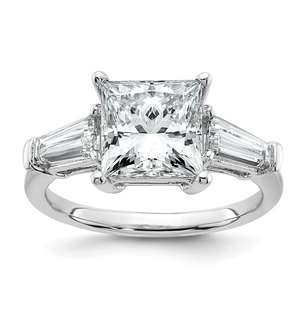 14k White Gold 3 3/4 carat Certified Lab Grown Diamond VS+ F+ Princess and Tapered Baguette Complete Three Stone Engagement Ring