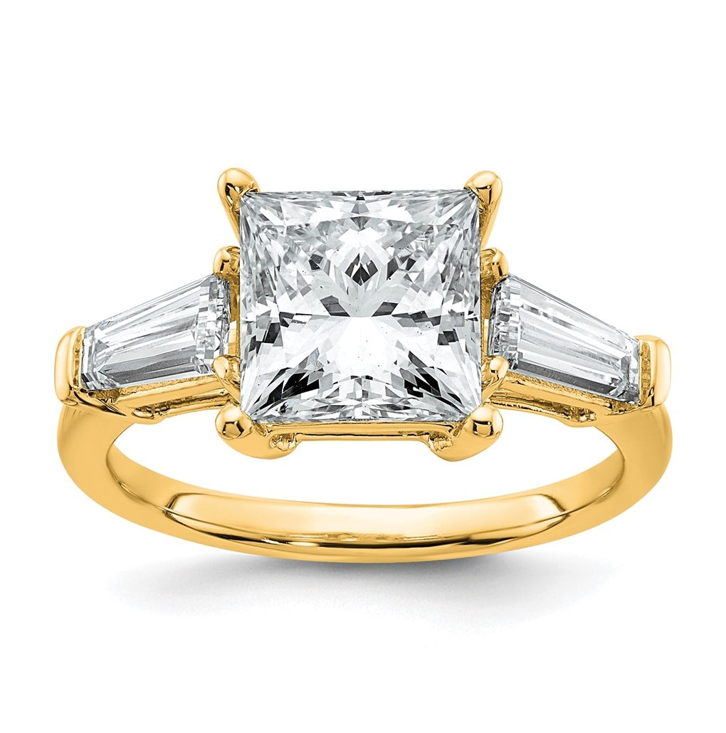 14k Yellow Gold 3 3/4 carat Certified Lab Grown Diamond VS+ F+ Princess and Tapered Baguette Complete Three Stone Engagement Ring