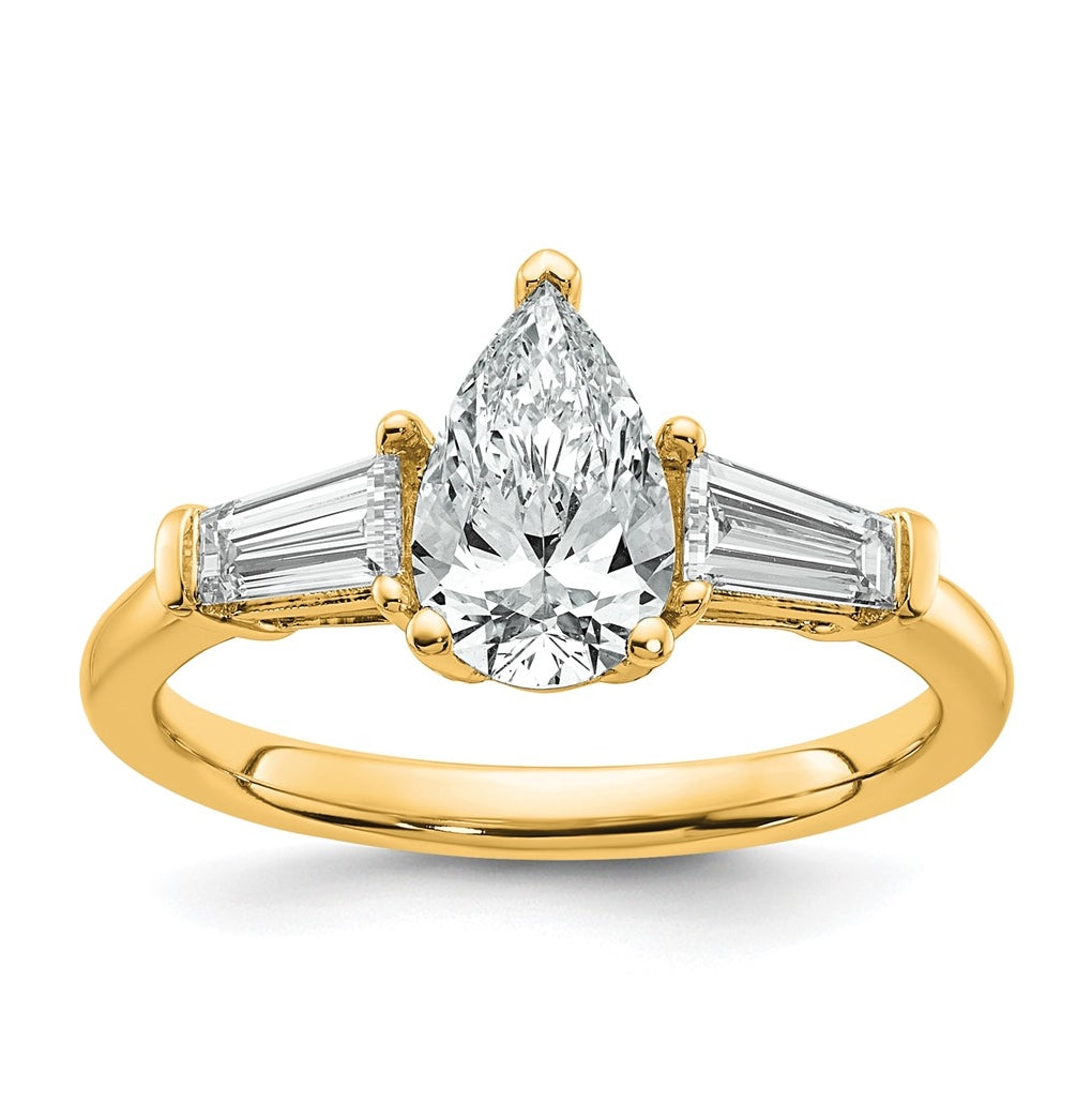 14k Yellow Gold 1 1/2 carat Certified Lab Grown Diamond VS+ F+ Pear and Tapered Baguette Complete Engagement Ring