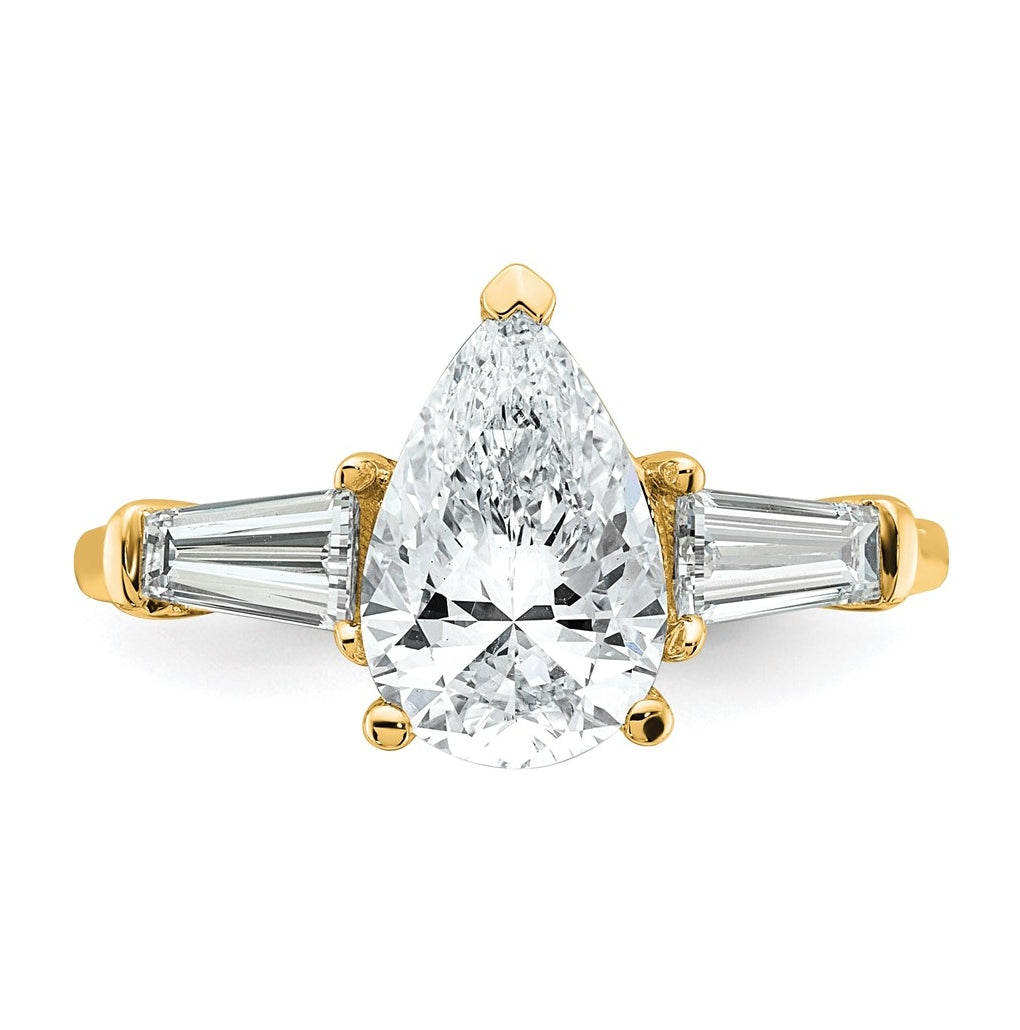 14k Yellow Gold 2 5/8 carat Certified Lab Grown Diamond VS+ F+ Pear and Tapered Baguette Complete Engagement Ring
