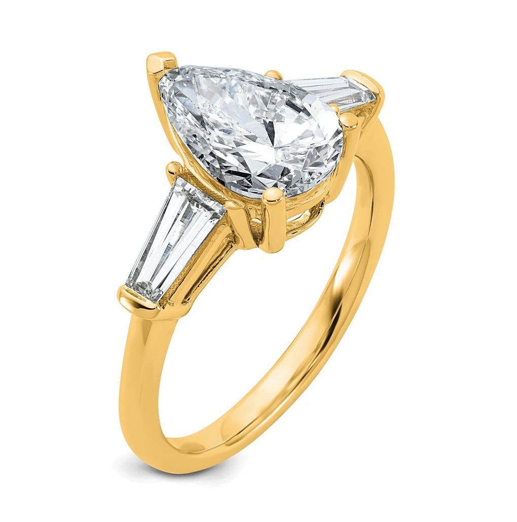 14k Yellow Gold 2 5/8 carat Certified Lab Grown Diamond VS+ F+ Pear and Tapered Baguette Complete Engagement Ring