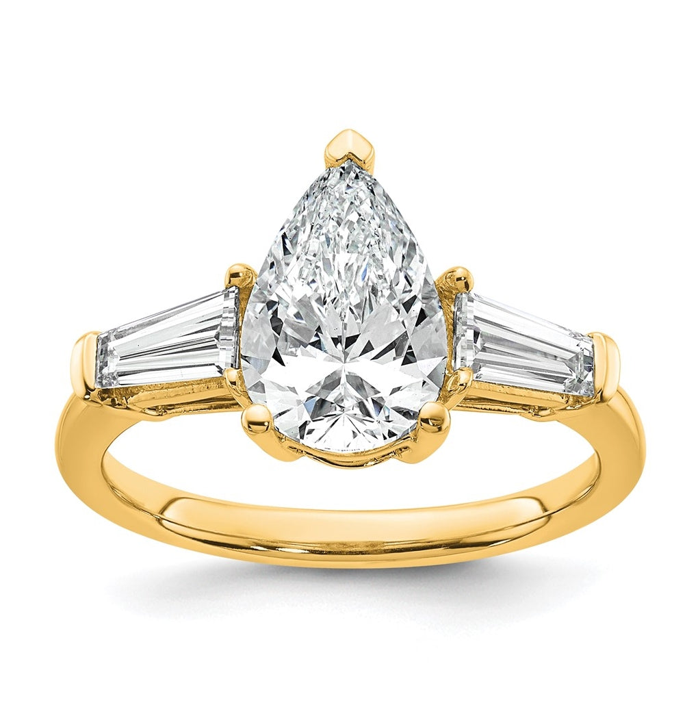 14k Yellow Gold 2 5/8 carat Certified Lab Grown Diamond VS+ F+ Pear and Tapered Baguette Complete Engagement Ring