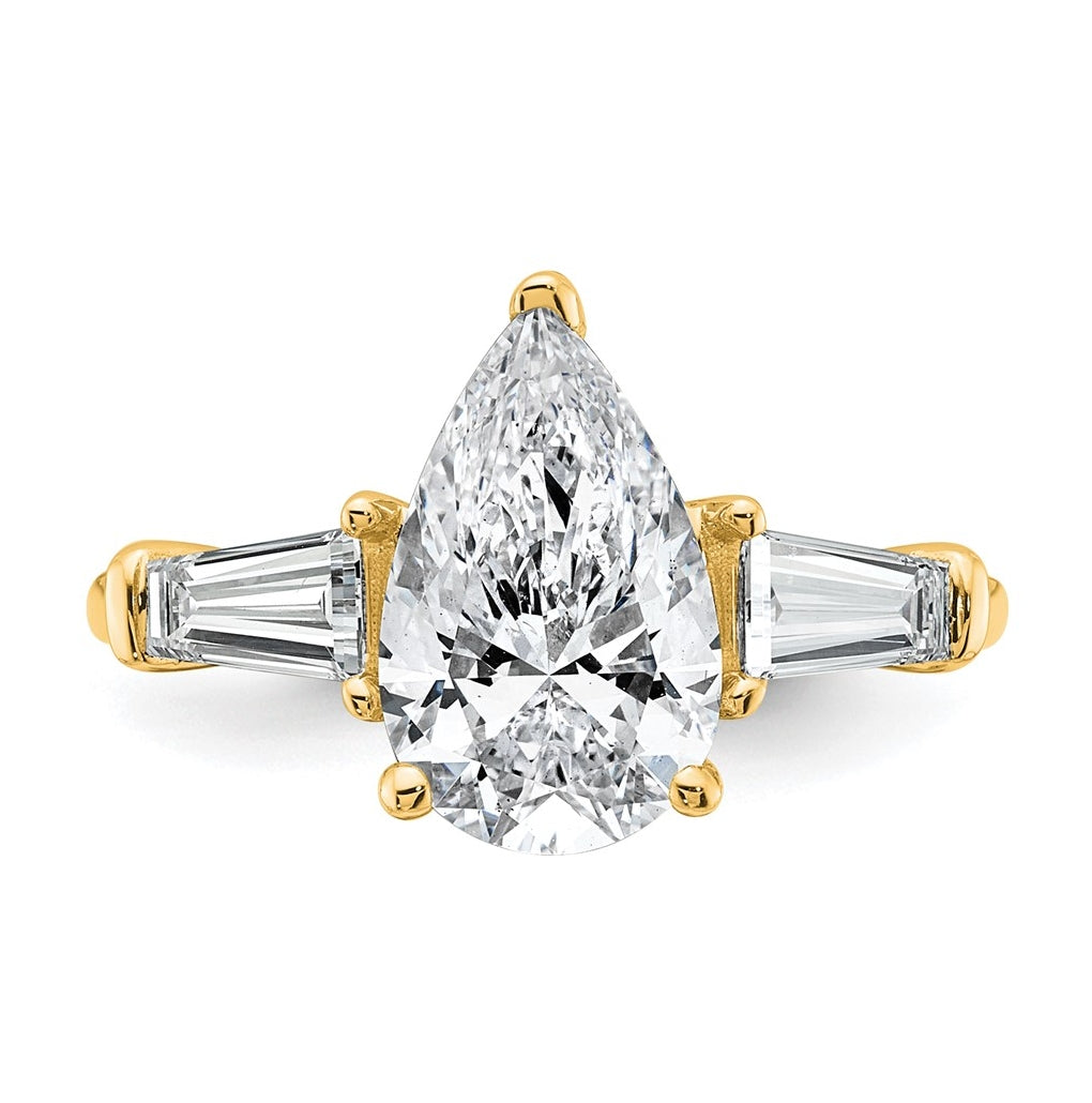14k Yellow Gold 3 1/3 carat Certified Lab Grown Diamond VS+ F+ Pear and Tapered Baguette Complete Engagement Ring