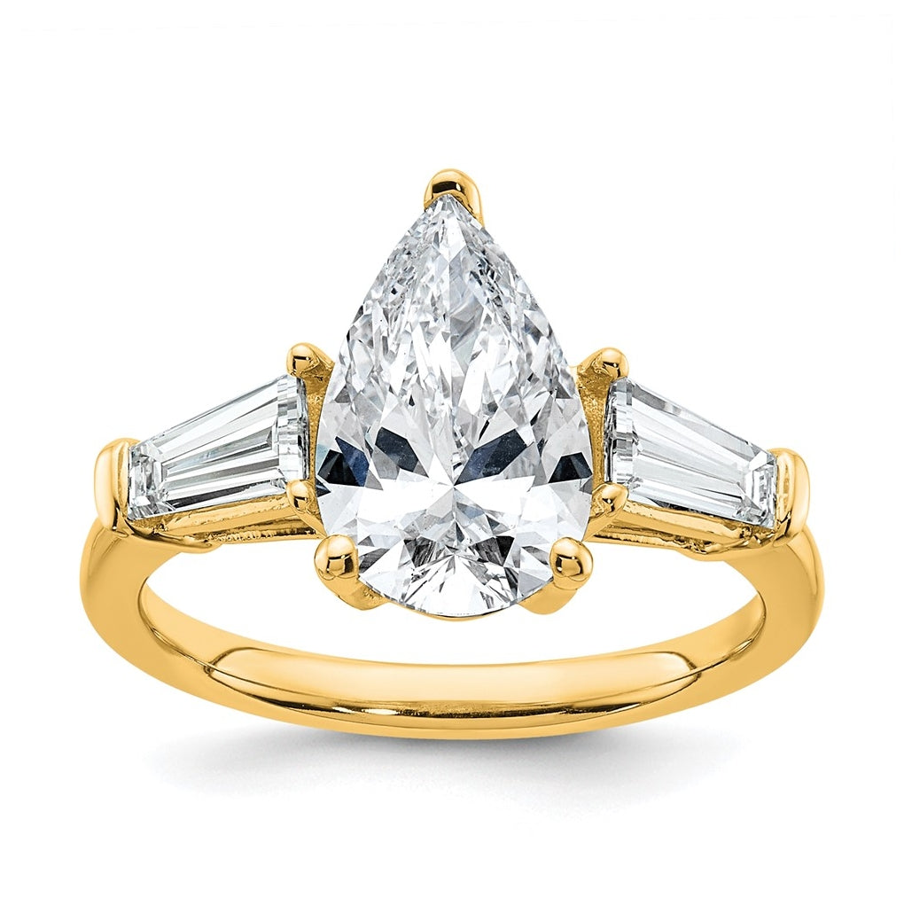 14k Yellow Gold 3 1/3 carat Certified Lab Grown Diamond VS+ F+ Pear and Tapered Baguette Complete Engagement Ring