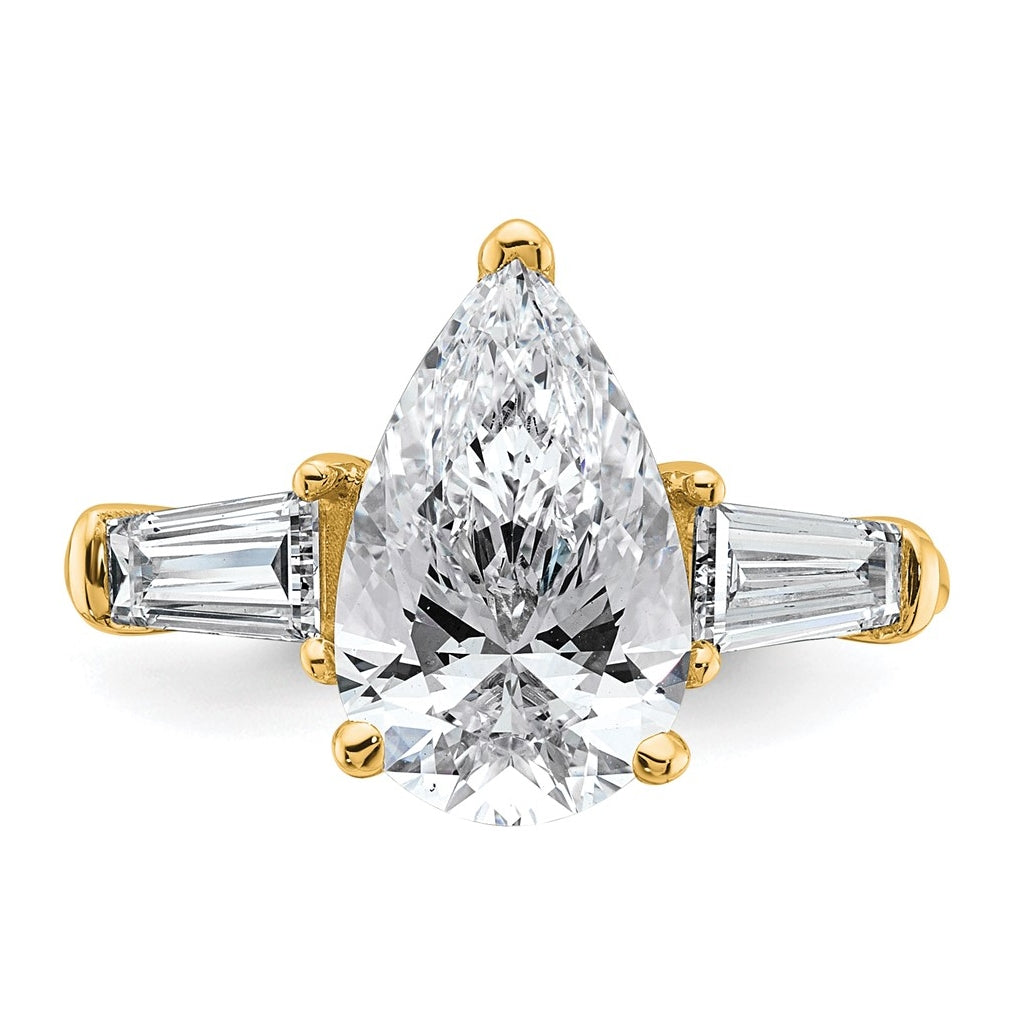 14k Yellow Gold 6 3/4 carat Certified Lab Grown Diamond VS+ G+ Pear and Tapered Baguette Complete Three Stone Engagement Ring