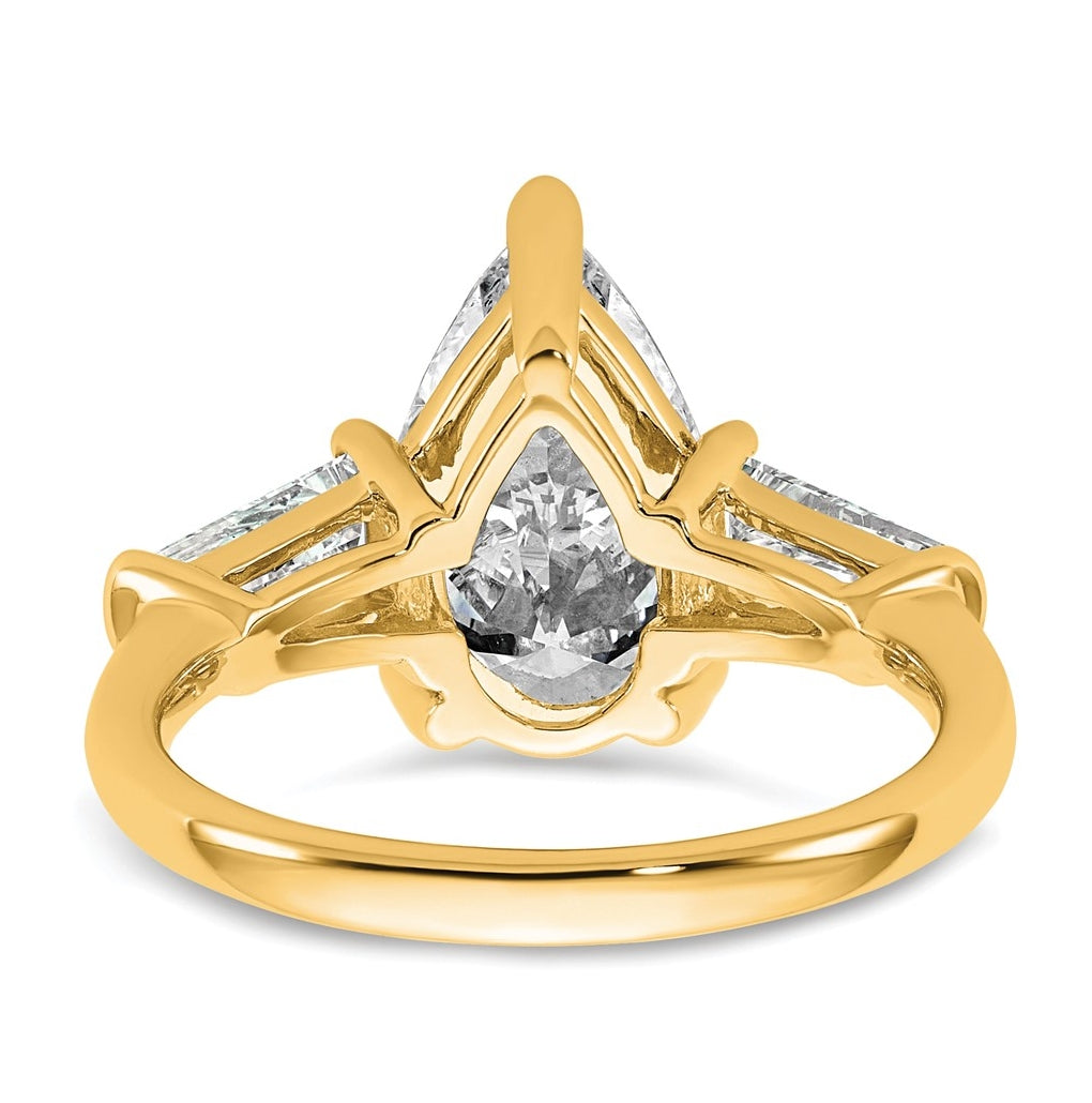 14k Yellow Gold 6 3/4 carat Certified Lab Grown Diamond VS+ G+ Pear and Tapered Baguette Complete Three Stone Engagement Ring