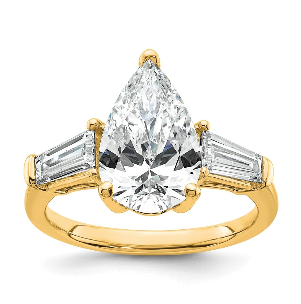 14k Yellow Gold 3 3/4 carat Certified Lab Grown Diamond VS+ F+ Pear and Tapered Baguette Complete Engagement Ring