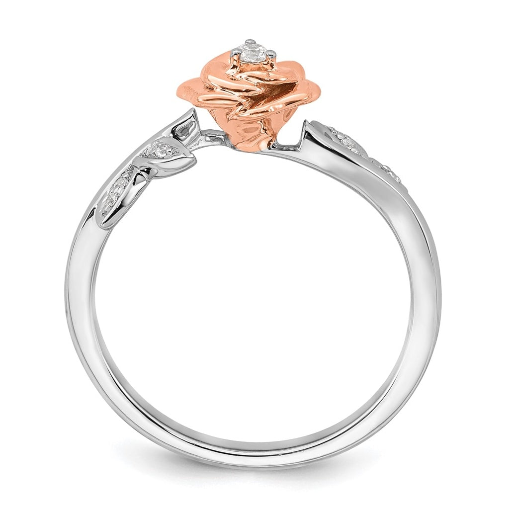 14k Two-tone Complete Diamond Rose With Leaves Promise Ring