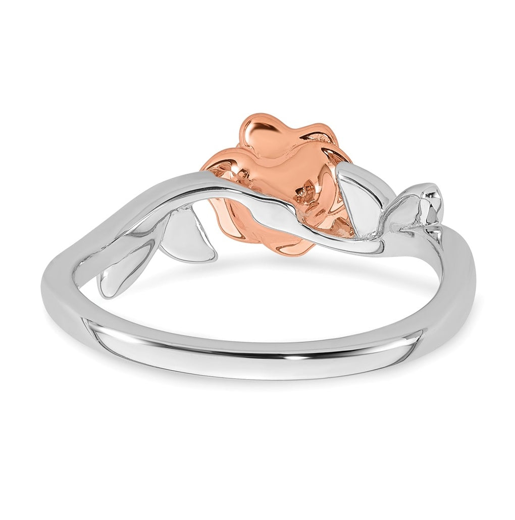 14k Two-tone Complete Diamond Rose With Leaves Promise Ring