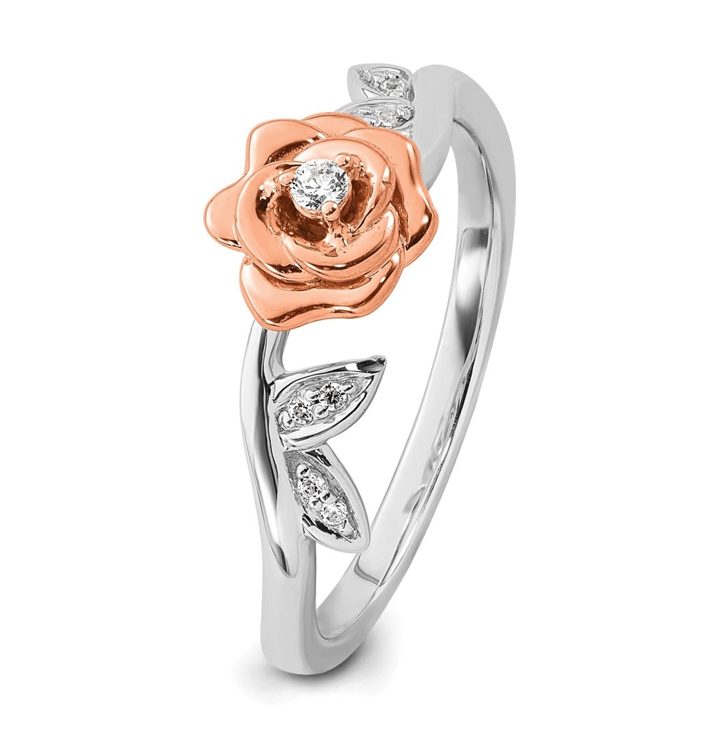 14k Two-tone Complete Diamond Rose With Leaves Promise Ring