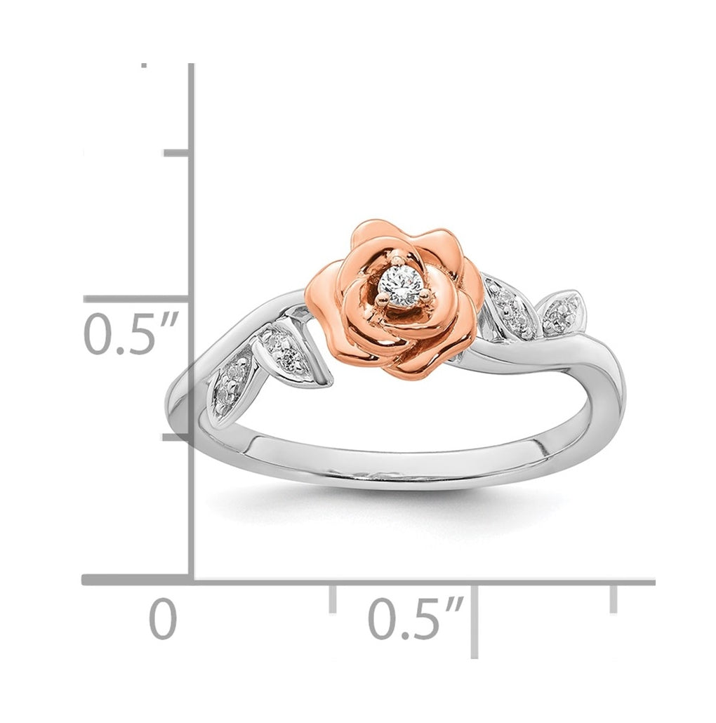 14k Two-tone Complete Diamond Rose With Leaves Promise Ring