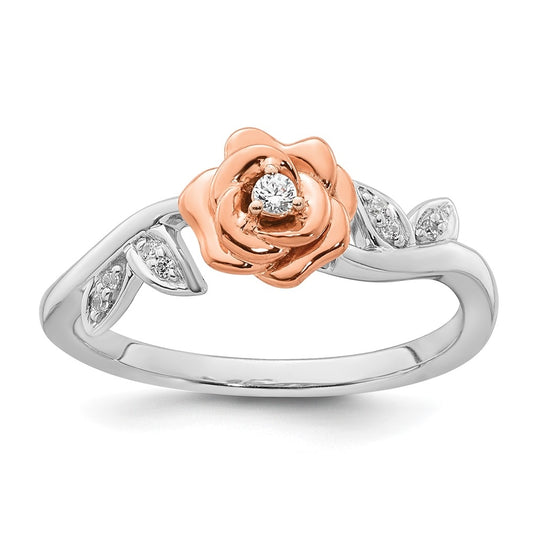 14k Two-tone Complete Diamond Rose With Leaves Promise Ring