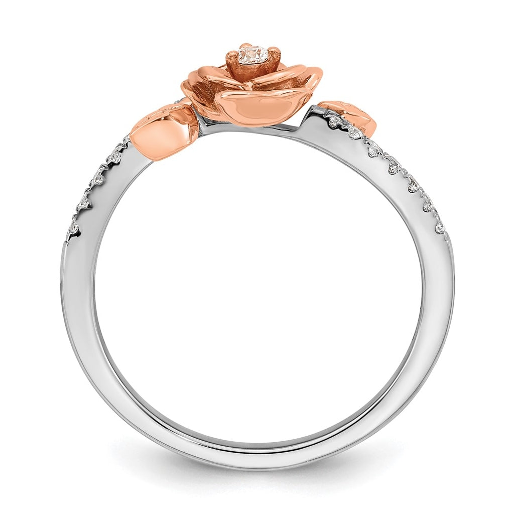 14k Two-tone Complete Diamond Rose With Leaves Promise Ring
