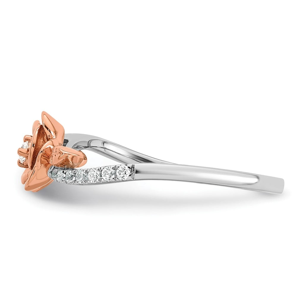 14k Two-tone Complete Diamond Rose With Leaves Promise Ring