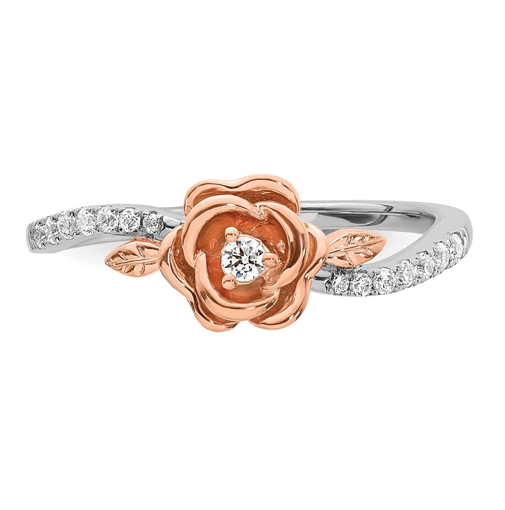 14k Two-tone Complete Diamond Rose With Leaves Promise Ring