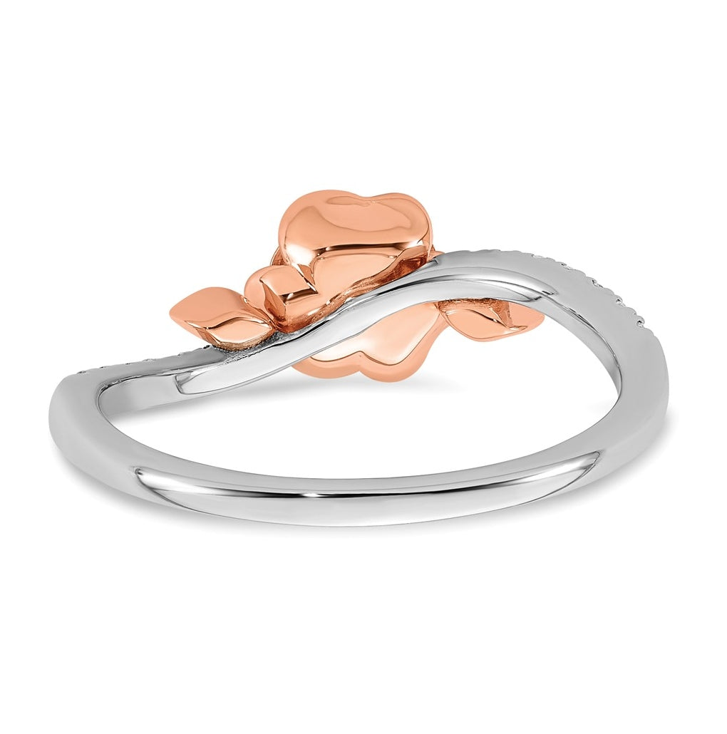 14k Two-tone Complete Diamond Rose With Leaves Promise Ring