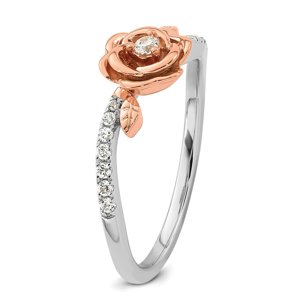 14k Two-tone Complete Diamond Rose With Leaves Promise Ring