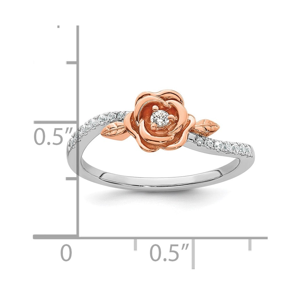 14k Two-tone Complete Diamond Rose With Leaves Promise Ring