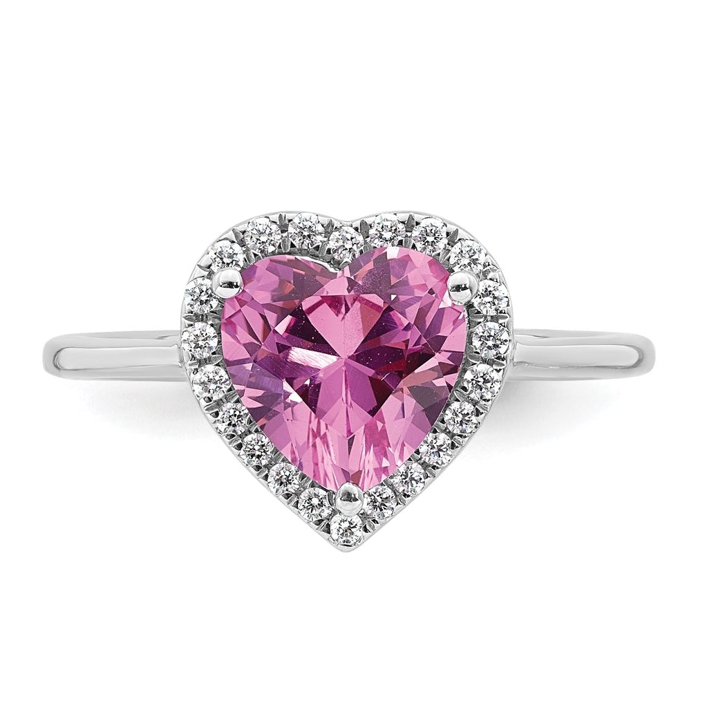 14k White Gold 1/6 carat Lab Grown Diamond VS+ F+ and Natural Pink Sapphire Complete Heart Ring