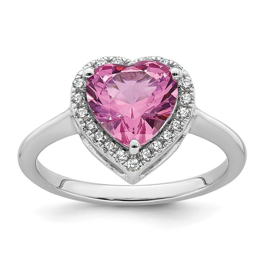 14k White Gold 1/6 carat Lab Grown Diamond VS+ F+ and Natural Pink Sapphire Complete Heart Ring