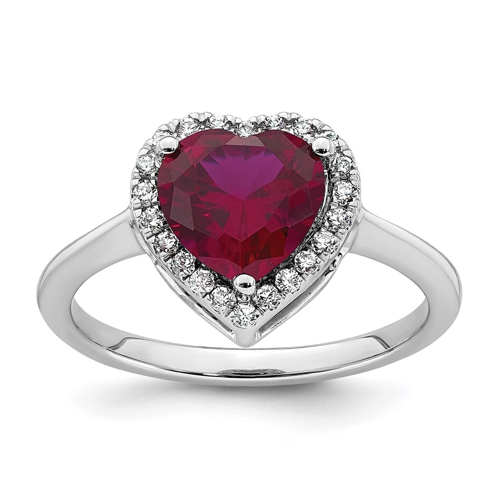 14k White Gold 1/6 carat Lab Grown Diamond VS+ F+ and Natural Ruby Complete Heart Ring