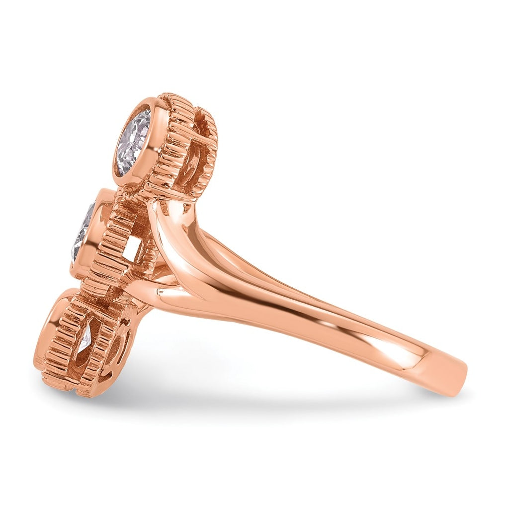 14k Rose Gold 1 carat Lab Grown Diamond VS+ F+ Complete Three Stone Bezel Set Fashion Ring