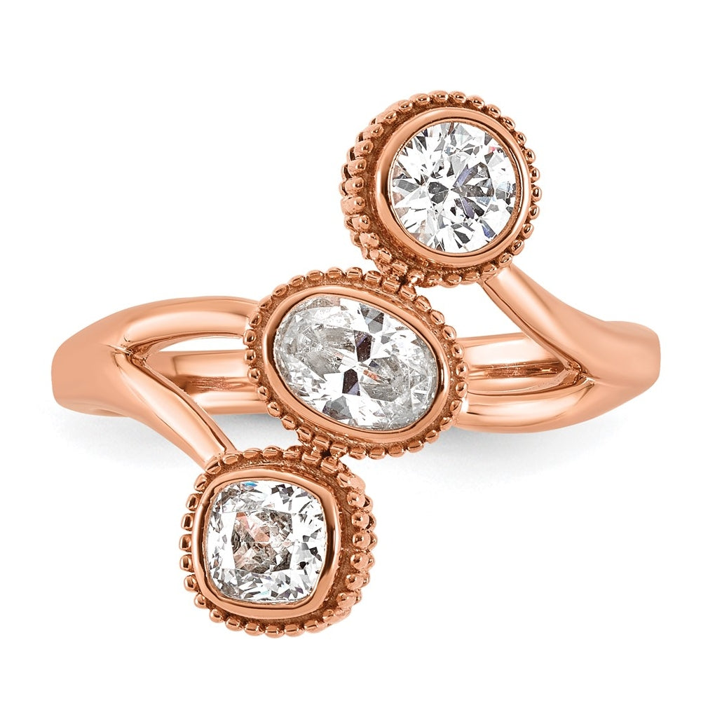 14k Rose Gold 1 carat Lab Grown Diamond VS+ F+ Complete Three Stone Bezel Set Fashion Ring
