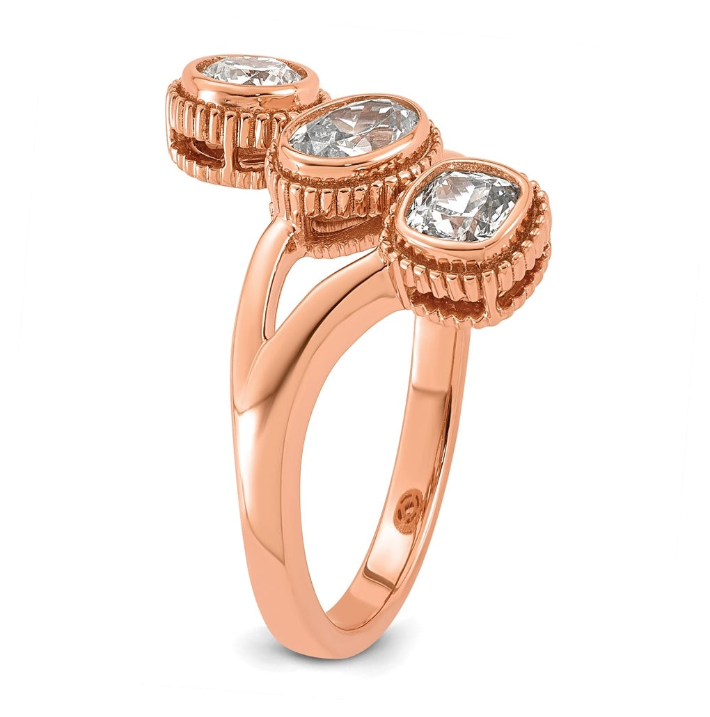 14k Rose Gold 1 carat Lab Grown Diamond VS+ F+ Complete Three Stone Bezel Set Fashion Ring