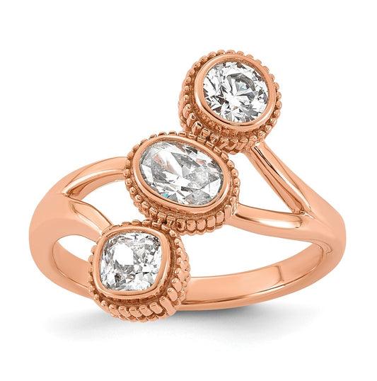 14k Rose Gold 1 carat Lab Grown Diamond VS+ F+ Complete Three Stone Bezel Set Fashion Ring