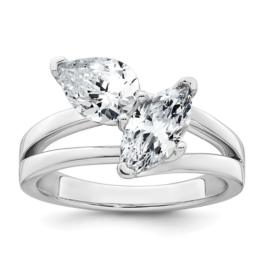 14k White Gold 2 carat Lab Grown Diamond VS+ F+ Marquise and Pear Complete Asymmetrical Two Stone Engagement Ring
