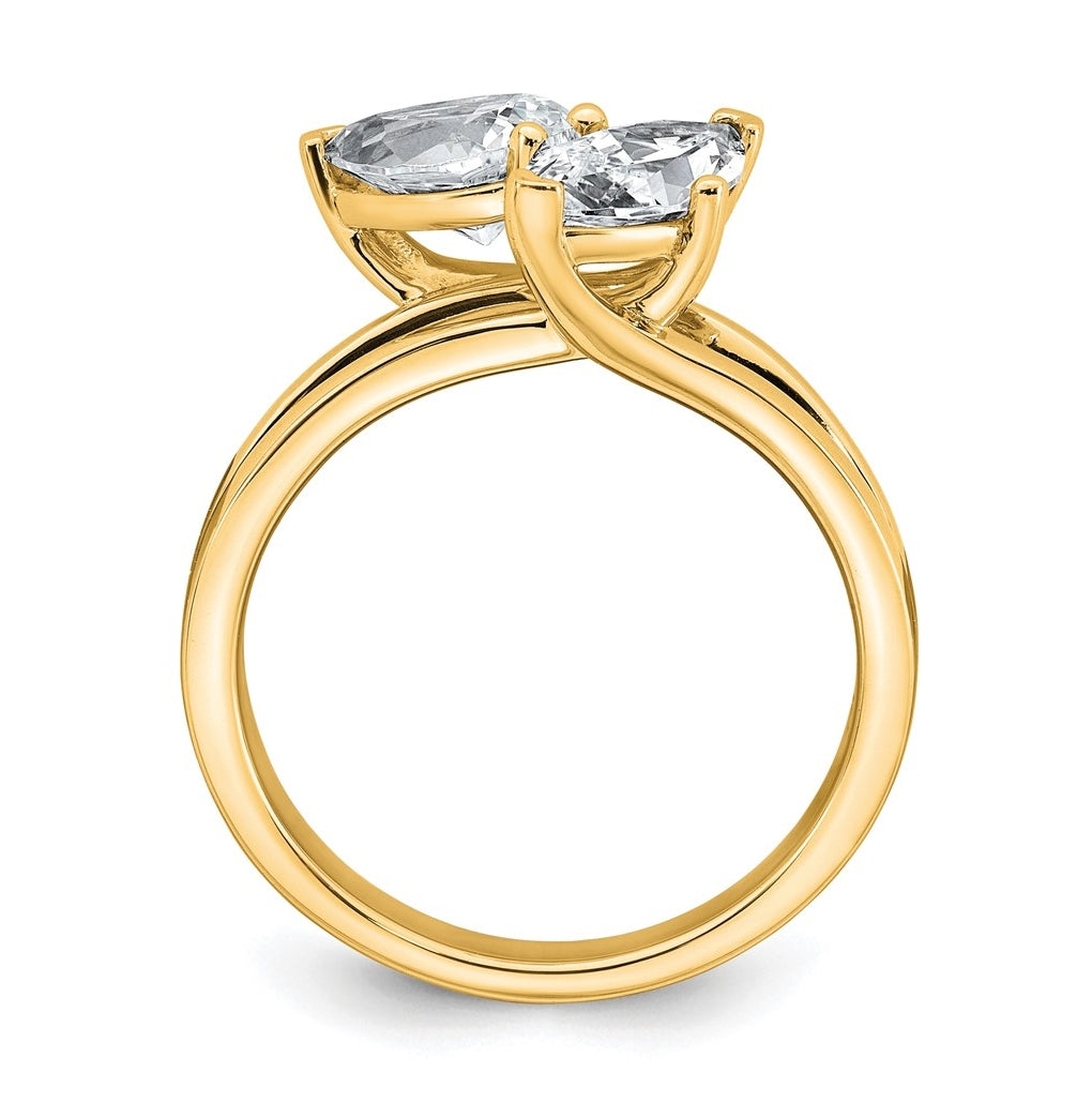 14k Yellow Gold 2 carat Lab Grown Diamond VS+ F+ Marquise and Pear Complete Asymmetrical Two Stone Engagement Ring