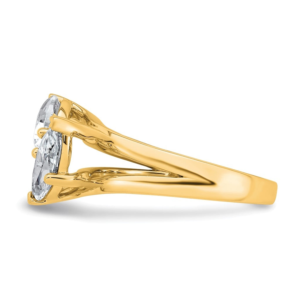 14k Yellow Gold 2 carat Lab Grown Diamond VS+ F+ Marquise and Pear Complete Asymmetrical Two Stone Engagement Ring