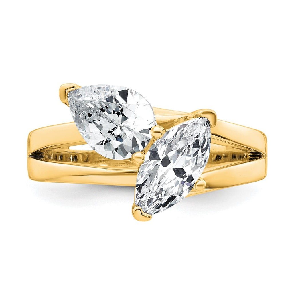 14k Yellow Gold 2 carat Lab Grown Diamond VS+ F+ Marquise and Pear Complete Asymmetrical Two Stone Engagement Ring