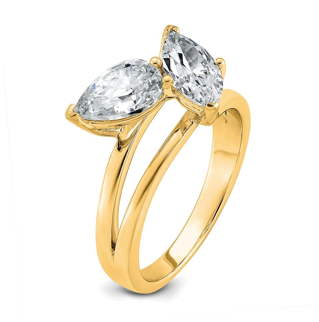 14k Yellow Gold 2 carat Lab Grown Diamond VS+ F+ Marquise and Pear Complete Asymmetrical Two Stone Engagement Ring