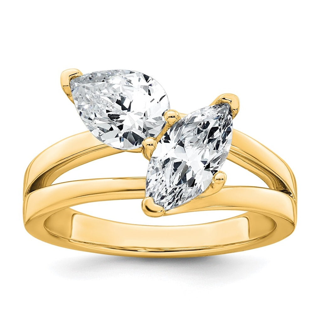 14k Yellow Gold 2 carat Lab Grown Diamond VS+ F+ Marquise and Pear Complete Asymmetrical Two Stone Engagement Ring