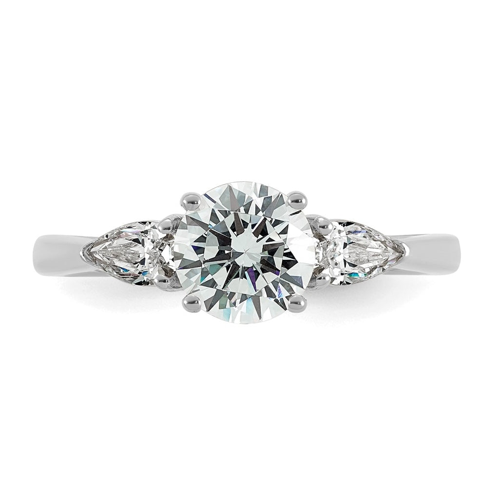 14K Yellow Or White Gold Lab Grown Diamond VS+ F+ Round with Pear Sidestones Complete Three Stone Engagement Ring