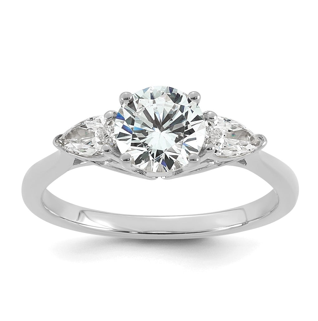 14K Yellow Or White Gold Lab Grown Diamond VS+ F+ Round with Pear Sidestones Complete Three Stone Engagement Ring