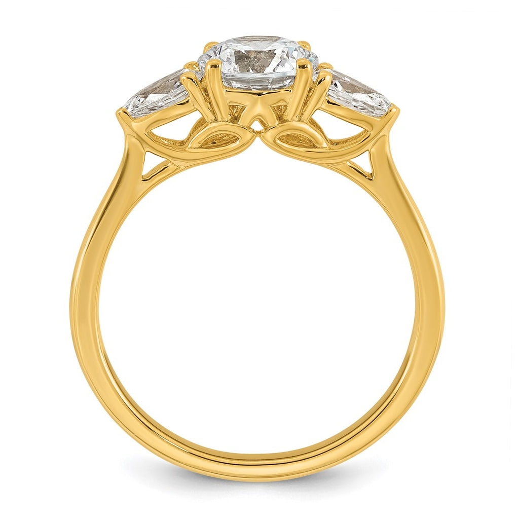14K Yellow Or White Gold Lab Grown Diamond VS+ F+ Round with Pear Sidestones Complete Three Stone Engagement Ring