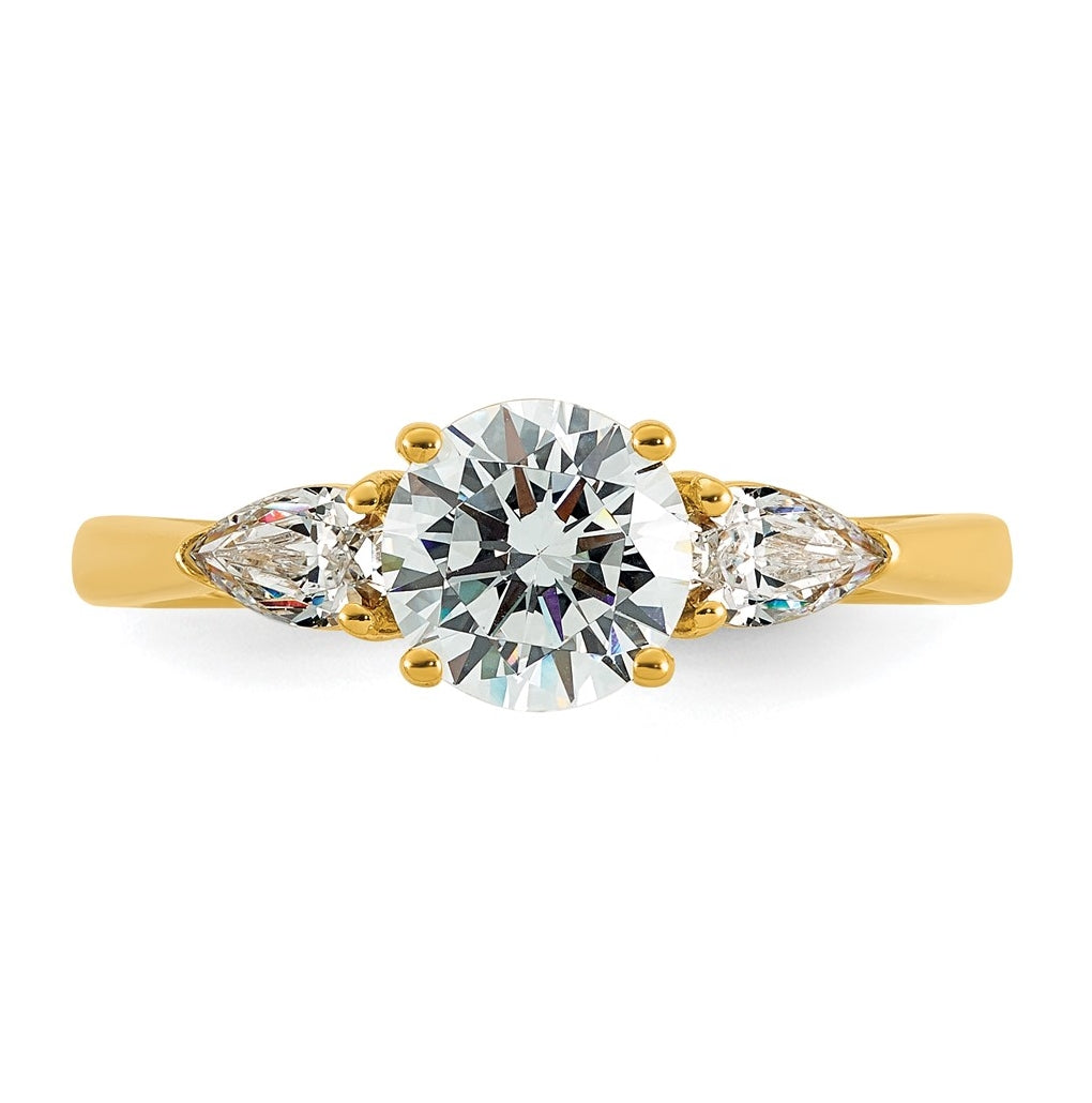 14K Yellow Or White Gold Lab Grown Diamond VS+ F+ Round with Pear Sidestones Complete Three Stone Engagement Ring