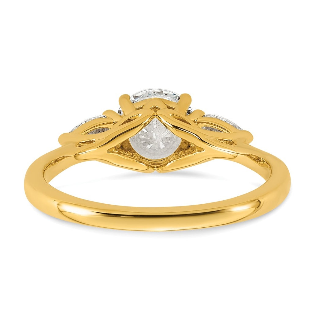 14K Yellow Or White Gold Lab Grown Diamond VS+ F+ Round with Pear Sidestones Complete Three Stone Engagement Ring