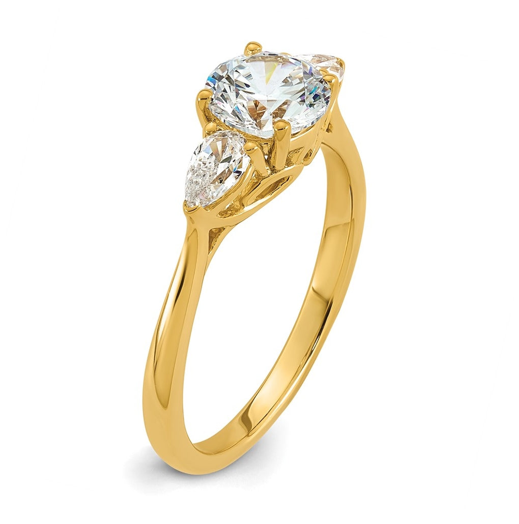 14K Yellow Or White Gold Lab Grown Diamond VS+ F+ Round with Pear Sidestones Complete Three Stone Engagement Ring