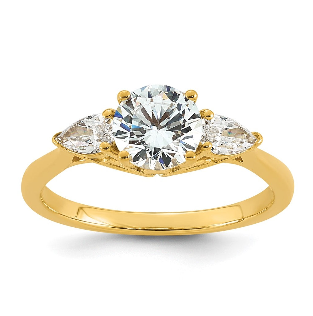 14K Yellow Or White Gold Lab Grown Diamond VS+ F+ Round with Pear Sidestones Complete Three Stone Engagement Ring
