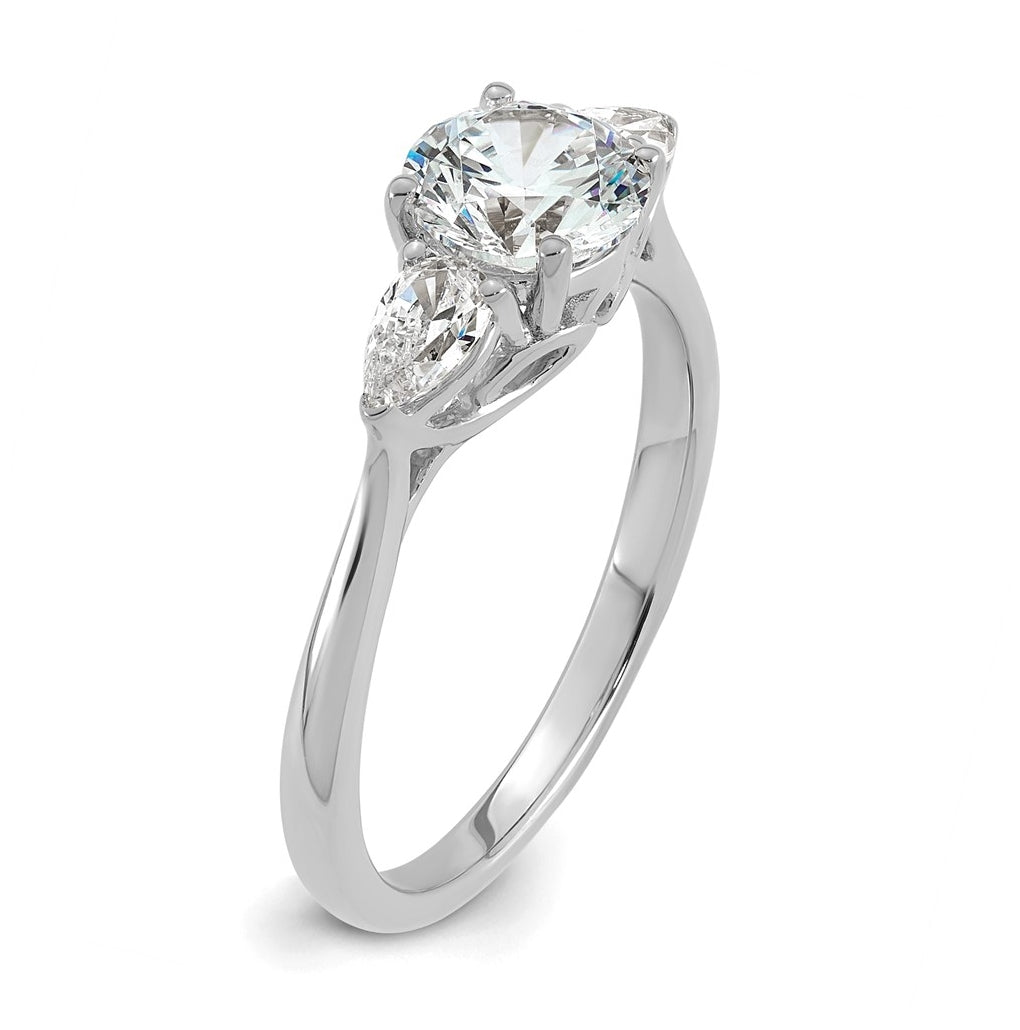 14K Yellow Or White Gold Certified Lab Grown Diamond VS+ F+ Round with Pear Sidestones Complete Three Stone Engagement Ring