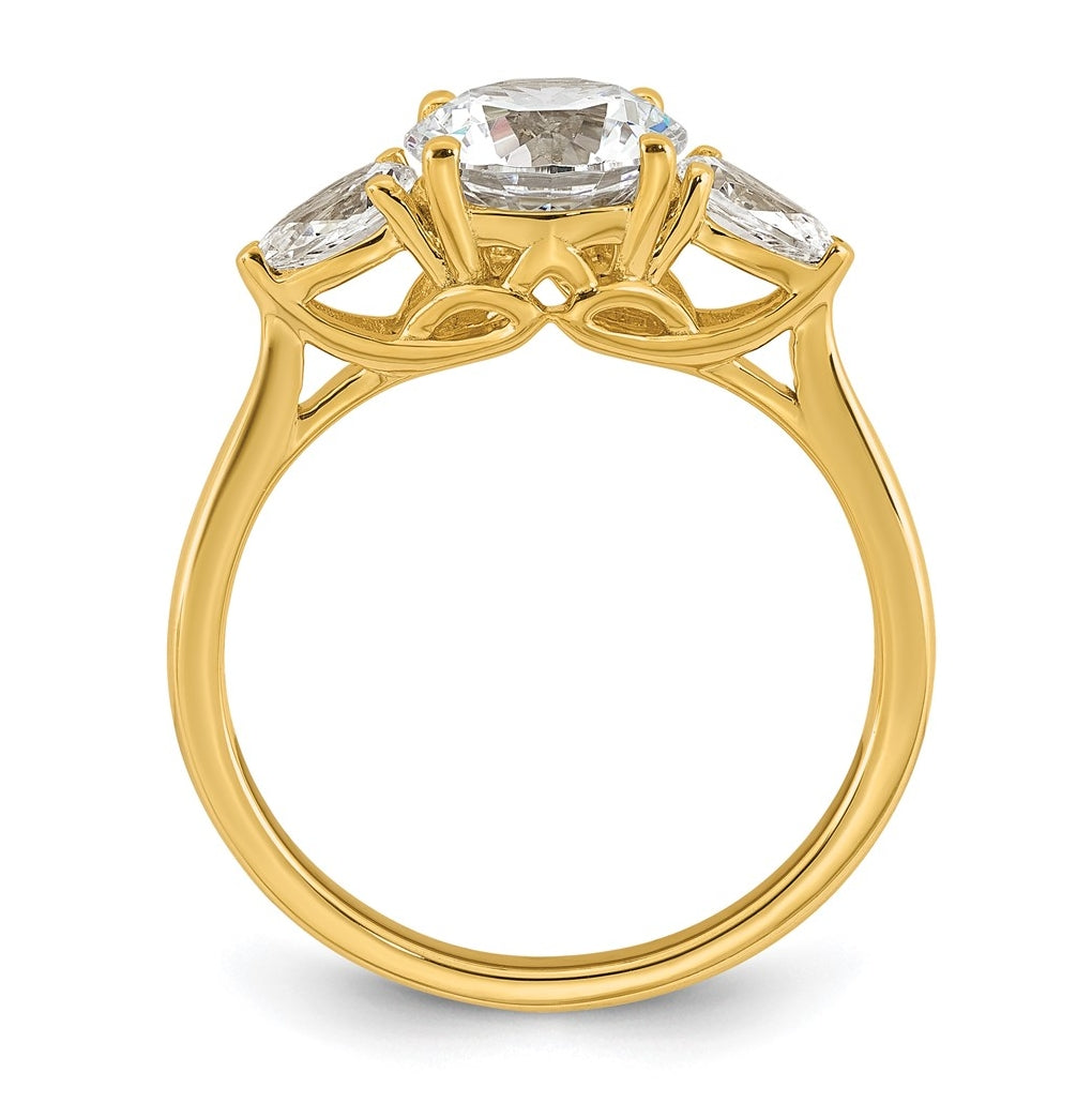 14K Yellow Or White Gold Lab Grown Diamond VS+ F+ Round with Pear Sidestones Complete Three Stone Engagement Ring